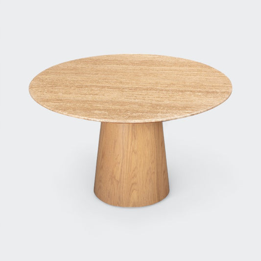 שולחן אוכל עגול טרוונטין שילוב עץ