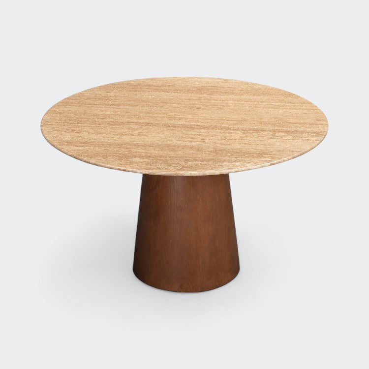 שולחן אוכל עגול טרוונטין שילוב עץ